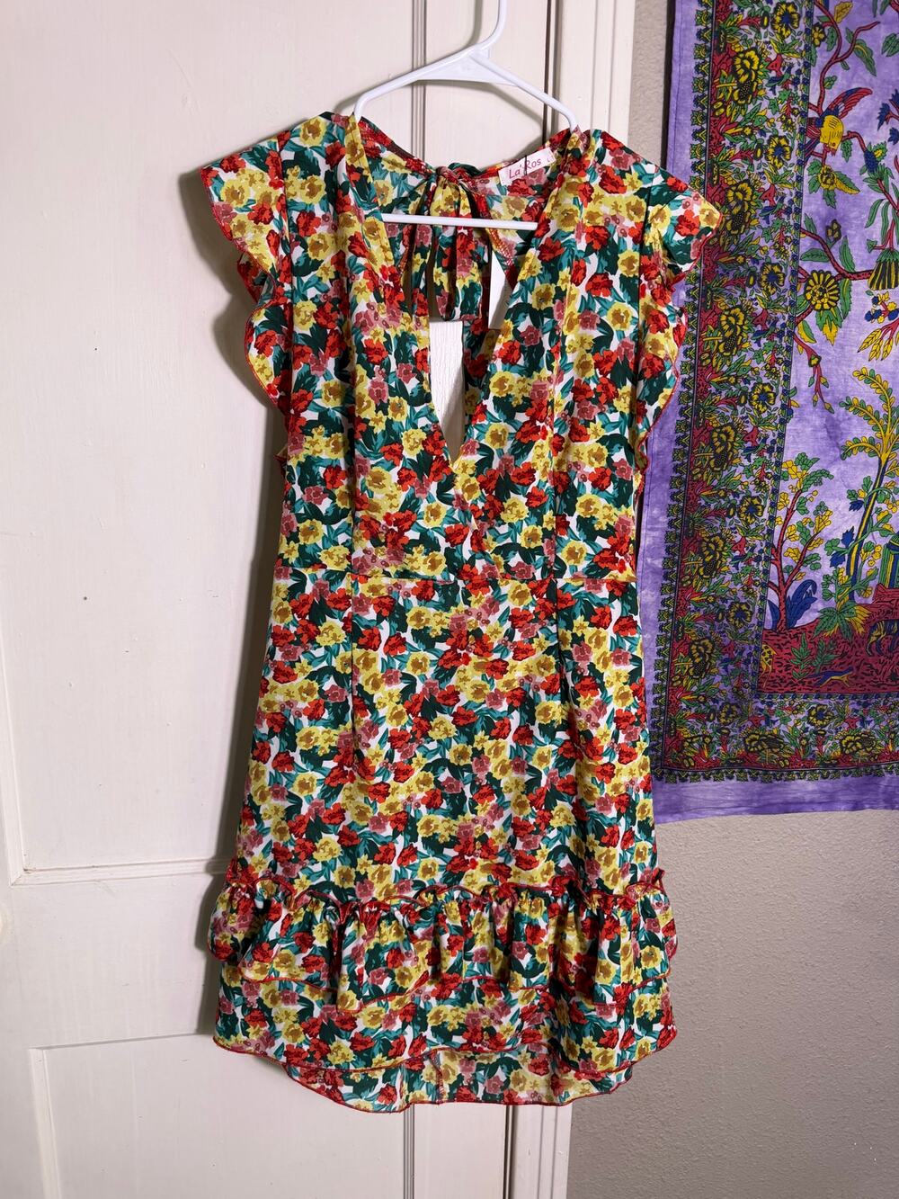 La'Ros Floral Mini Dress Ruffle Flutter Sleeve Tie Neck NWT Boho Cottagecore